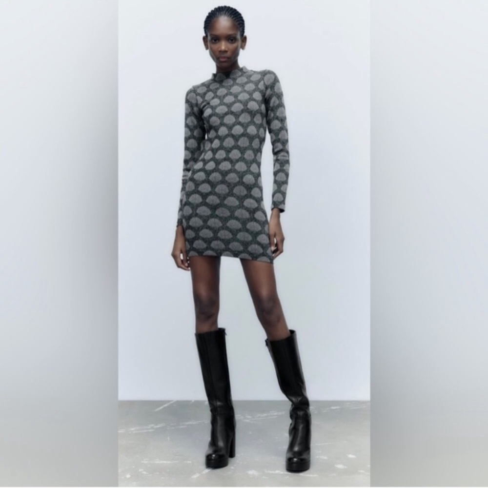 ZARA NWT Seamless Jacquard Shell Mock Neck Long Sleeved Stretch Knit Mini XS-S